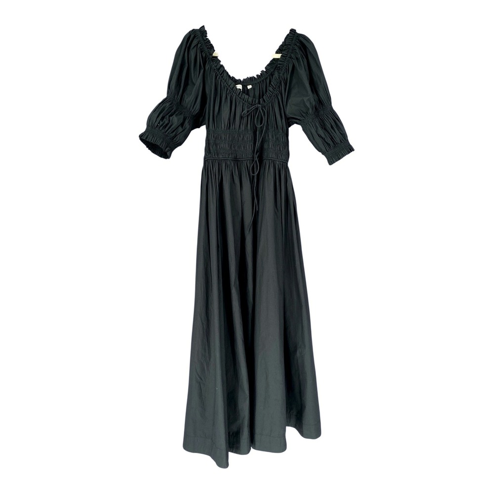 Doen Ischia Dress Black Organic Cotton Viscose Smocked Puff Sleeve Midi XL - Picture 2 of 16